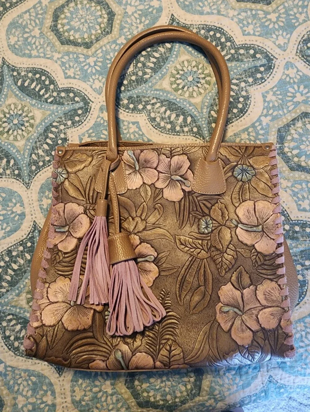 Claudia Firenze Embossed Boho Floral Leather Tote Bag with Tassels - Pink Brown